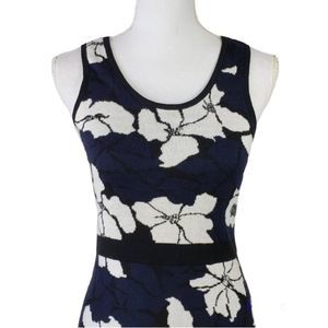 Ann Taylor Sweater Dress Navy Blue with White Floral Pattern Size Large